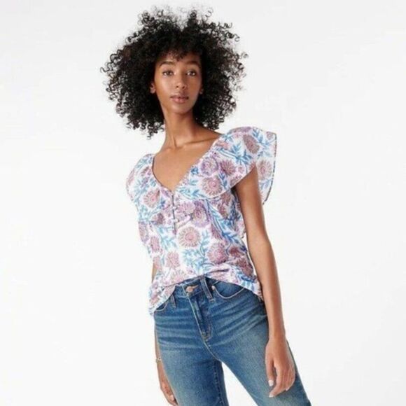 J. Crew Ruffle V-neck Top Floral Vine Block Print Small - Picture 1 of 6